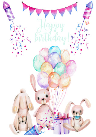 Birthday card template with watercolor fabulous rabbits, hand drawnの写真素材