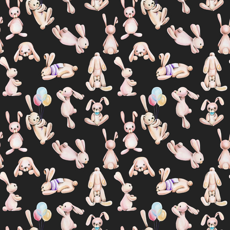 Seamless pattern with watercolor cute rabbits, hand drawn on a whiteの写真素材