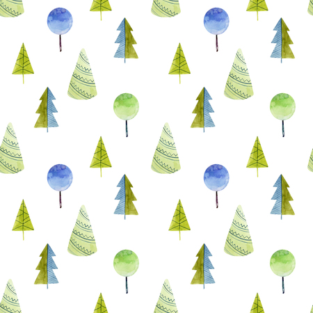 Seamless pattern of watercolor trees, hand drawn on a white backgroundの写真素材