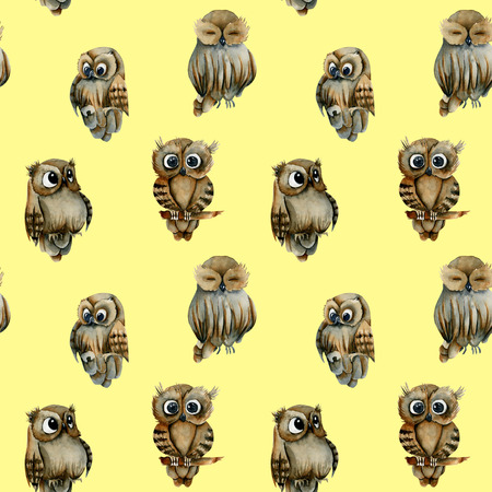 Seamless pattern of watercolor cute owls, hand drawn on a yellow backgroundの写真素材