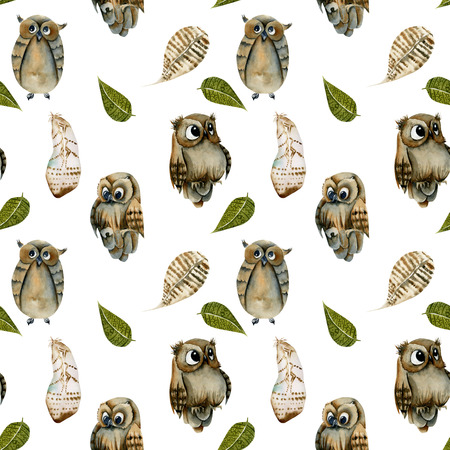 Owls and feathers seamless watercolor pattern, hand drawn on a white backgroundの写真素材
