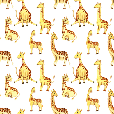 Watercolor cute giraffes seamless pattern, hand drawn on a white backgroundの写真素材