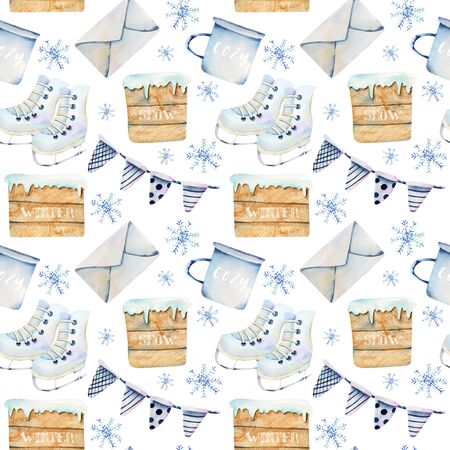 Scandinavian Christmas items seamless pattern of watercolor (flags, cup, envelope, skates) hand drawn on a white backgroundの写真素材