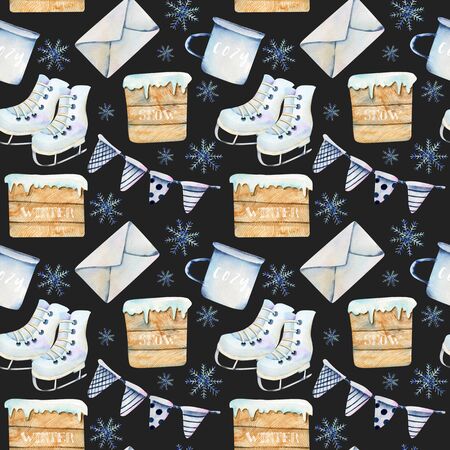 Scandinavian Christmas items seamless pattern of watercolor (flags, cup, envelope, skates), hand drawn on a dark backgroundの写真素材