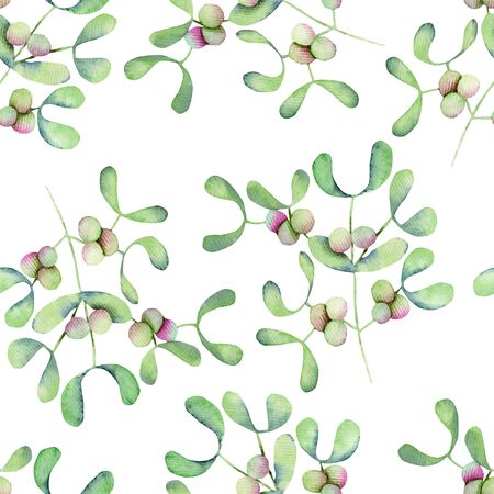 Christmas watercolor mistletoe seamless pattern, hand drawn on a white backgroundの写真素材