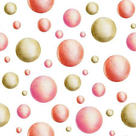 Seamless pattern of golden and pink balls, hand drawn on a white backgroundの写真素材