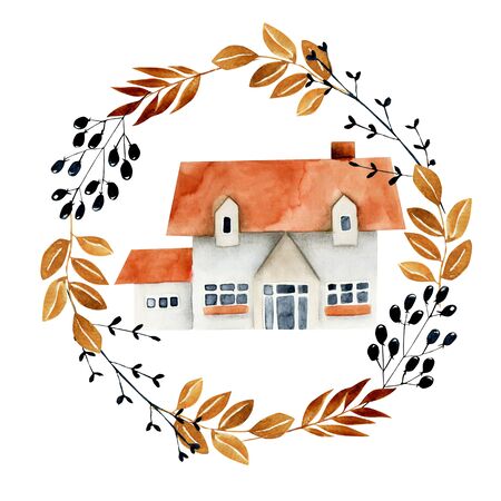Watercolor family house inside the wreath, hand painted isolated on a white background, illustration for logo, symbol, home decorの写真素材