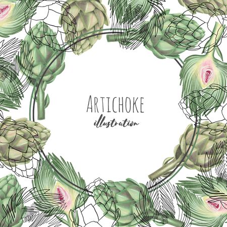 Card template with watercolor and graphic artichoke, hand drawn illustration on a white backgroundの写真素材