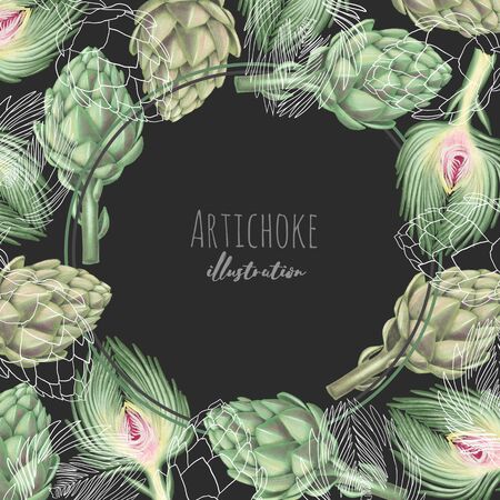 Card template with watercolor and graphic artichoke, hand drawn illustration on a dark backgroundの写真素材