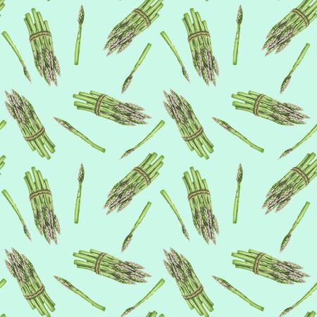 Seamless pattern with asparagus hand drawn isolated on a blue backgroundの写真素材