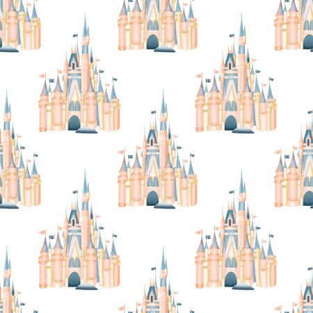 Seamless pattern with watercolor pink castle from magic kingdomの写真素材
