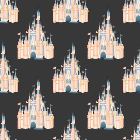 Seamless pattern with watercolor pink castle from magic kingdomの写真素材