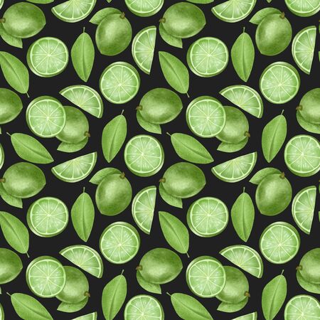 Seamless pattern with hand drawn limes on a dark backgroundの写真素材