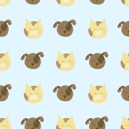 Seamless pattern with cute cat and dog faces, hand drawn isolated on a blue backgroundの写真素材
