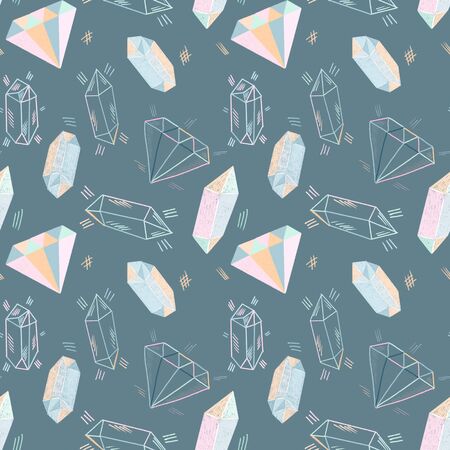 Seamless pattern with hand drawn crystals in pastel colors on dark blueの写真素材