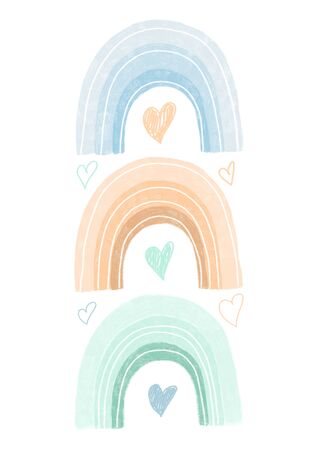 Hand drawn rainbows and hearts in pastel colors, nursery poster designの写真素材
