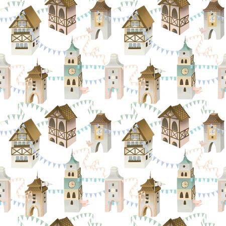Seamless pattern of cozy bavarian houses with garlands and flags, festive town, hand painted on a white backgroundの写真素材