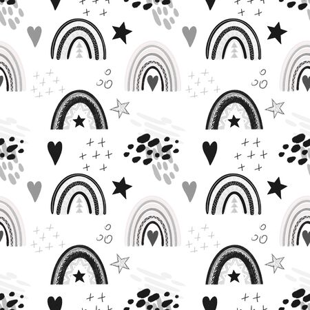 Seamless pattern with hand drawn rainbow, hearts, stars and abstract elements in black and white colors on whiteの写真素材