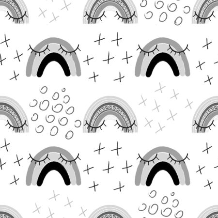 Seamless pattern with hand drawn rainbow and abstract elements in black and whiteの写真素材