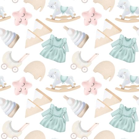 Seamless pattern with wooden toys and objects for girlsの写真素材