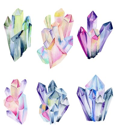 Collection of watercolor gem clusters, crystals, hand painted isolated on  whiteの写真素材