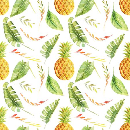 Seamless pattern of watercolor pineapple and tropical leaves, hand painted illustration on white backgroundの写真素材
