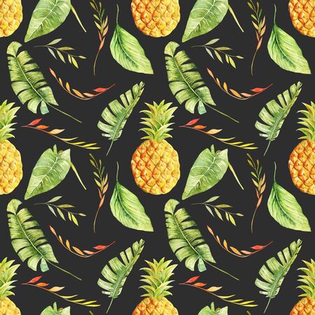 Seamless pattern of watercolor pineapple and tropical leaves, hand painted illustration on dark backgroundの写真素材