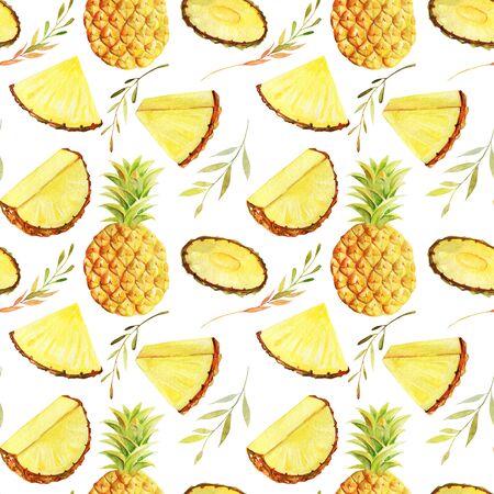 Seamless pattern of watercolor sliced pineapple, hand painted illustration on white backgroundの写真素材