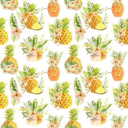 Seamless pattern of floral pineapples and compositions of tropical flowers and fruits, hand painted illustration on white backgroundの写真素材