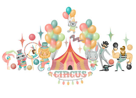 Illustration of hand drawn circus actors, animals and elements of circus or amusement park isolated on white backgroundの写真素材