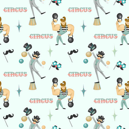 Seamless pattern of hand drawn circus strongman and juggler, illustration on blue backgroundの写真素材
