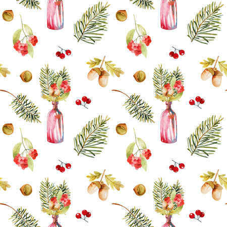 Seamless pattern of watercolor autumn bouquets in decorative vintage bottles, pine branches, acorns and red fall berries; hand painted illustration on a white backgroundの写真素材