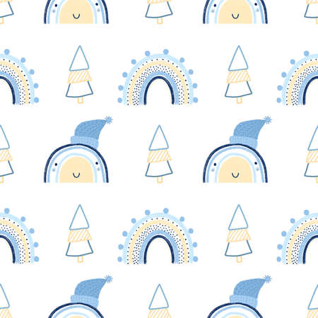 Seamless pattern of hand drawn cute rainbows in winter hats and simple Christmas trees in pastel blue and creamy colors on white backgroundの写真素材