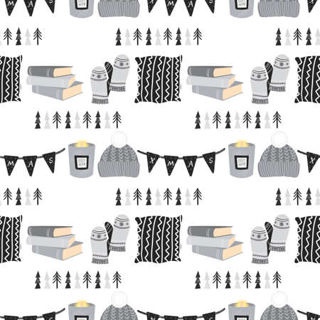 Seamless pattern of winter cozy objects in scandinavian style, elements in hygge style, hand drawn illustration on a white backgroundの写真素材