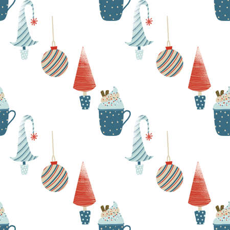 Seamless pattern of Christmas tree decorations in scandinavian style, hand drawn illustration on a...