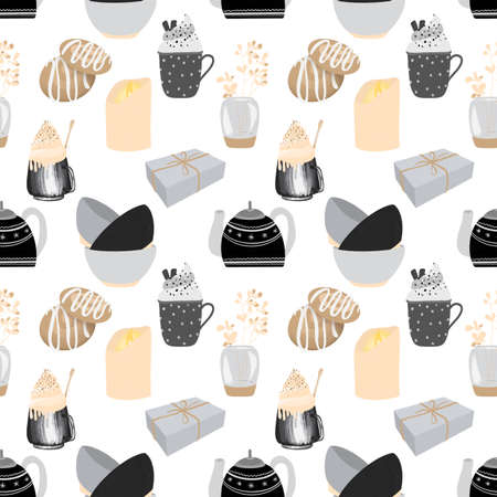 Seamless pattern of danish elements in scandinavian style, hygge style concept, hand drawn illustration on a white backgroundの写真素材