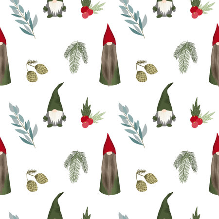Christmas scandinavian trolls and floral elements seamless pattern, hand drawn on a white backgroundの写真素材