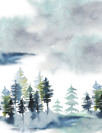 Watercolor landscape with foggy coniferous forest, card or poster templateの写真素材