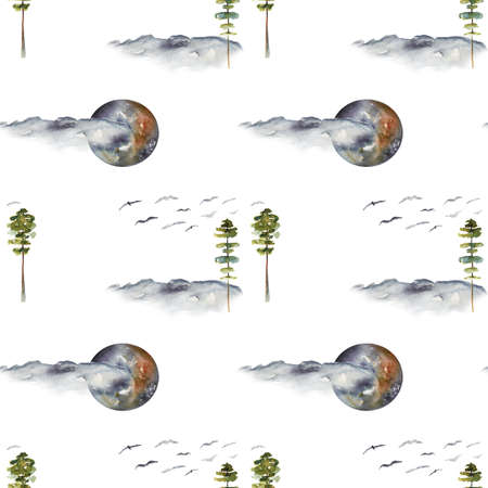 Seamless pattern with watercolor nature views, clouds, moon and pine trees, hand drawn on a white...