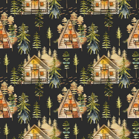 Seamless pattern with watercolor cozy houses and cabins in the forest, hand drawn on dark backgroundの写真素材