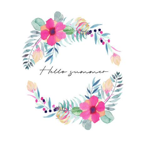 Wreath of watercolor plants, pink flowers and wildflowers;  hand painted isolated illustrations on a white backgroundの写真素材