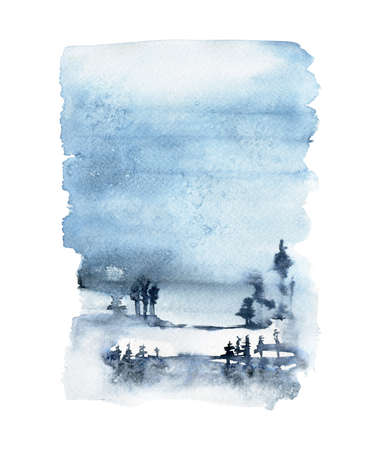 Watercolor winter landscape, nature view, watercolor winter foggy forest scene, hand painted illustration on a white backgroundの写真素材