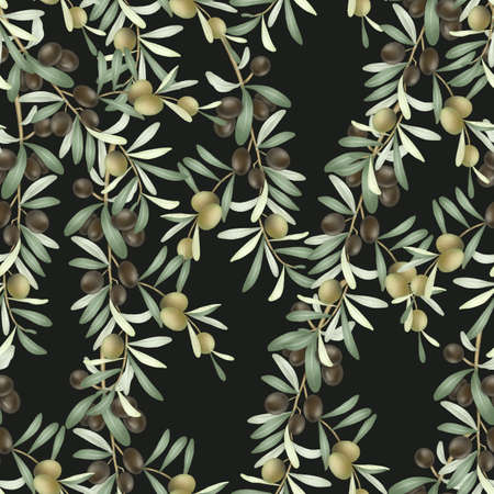 Seamless pattern of olive tree branches with green and black ripe olives, hand drawn illustrationの写真素材