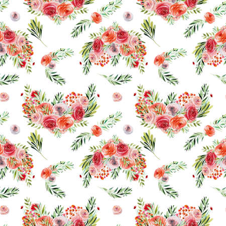 Watercolor floral seamless pattern of pink, red roses and greenery compositionsの写真素材