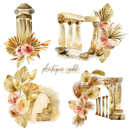 Set of watercolor compositions of antique architectural elements and floral boho bouquets, isolated illustration on white backgroundの写真素材