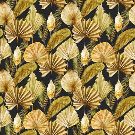 Seamless pattern of watercolor beige and golden dried fan palm leaves and pampas grassの写真素材