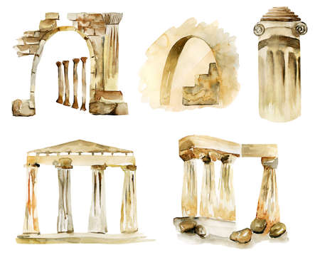 Set of watercolor antique architectural elements, isolated illustration on white backgroundの写真素材