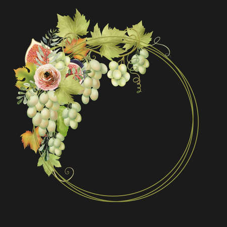 Autumn fruit wreath of green grapes, leaves and figs, hand drawn isolated illustration on dark backgroundの写真素材