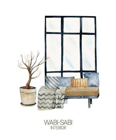 Watercolor interior scene of bedroom in wabi-sabi style, simple living concept, hand drawn illustration on white backgroundの写真素材