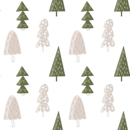 Winter silver and green simple Christmas trees seamless pattern, hand drawn illustration on a white...